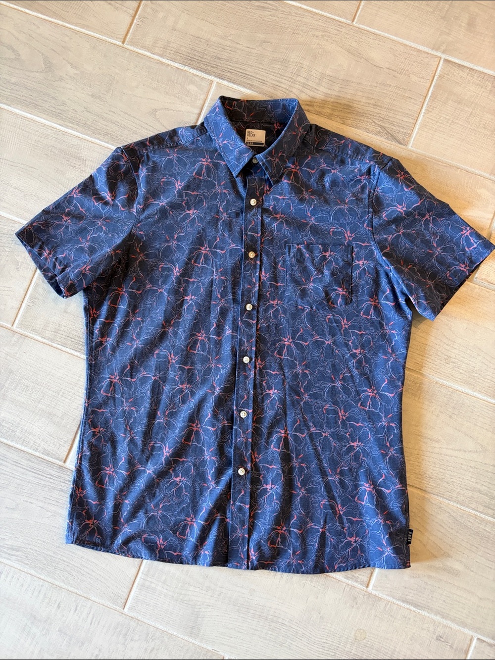 Men's Navy Short-Sleeve Button-Down Shirt with Pink Print